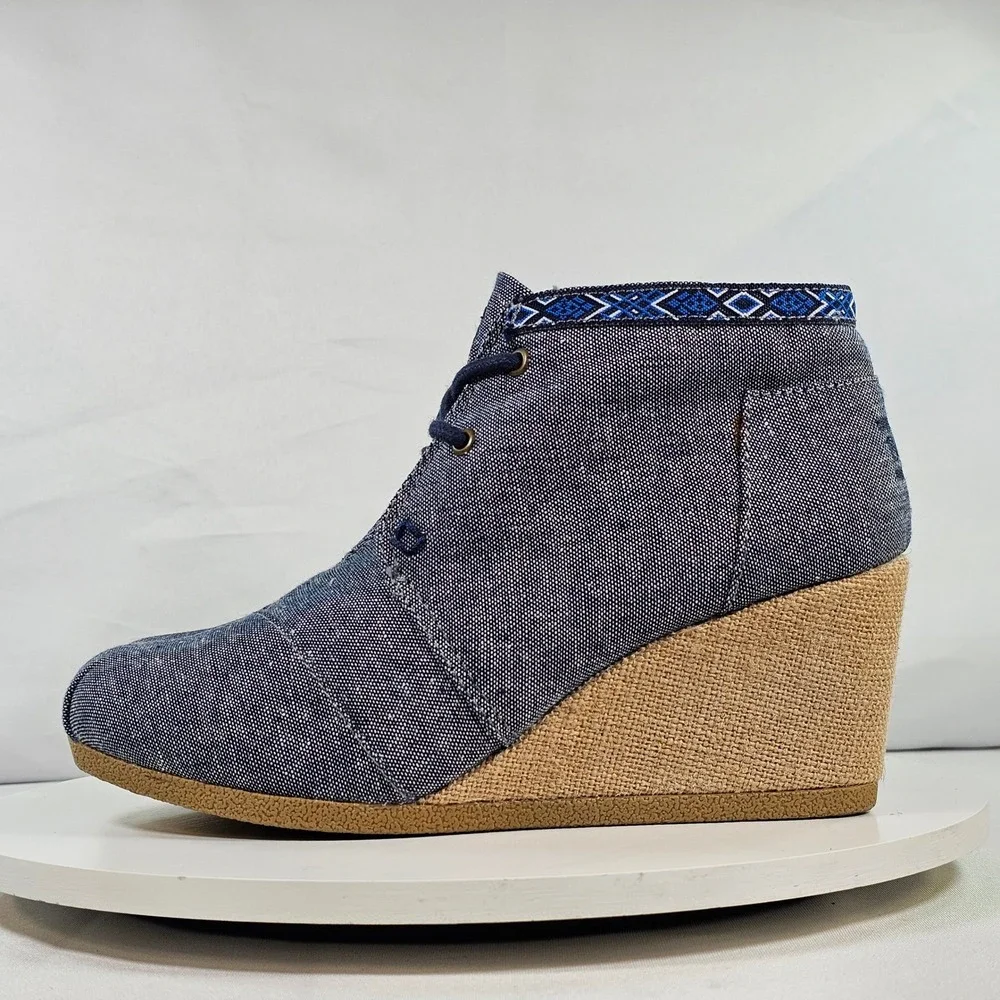 Skechers BOBS Denim Wedge Booties Navy Blue Lace Up Desert Boots 34288 NVY 7